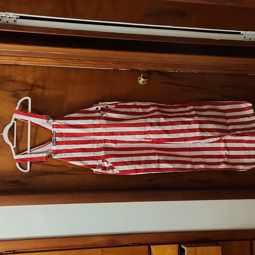 Game Bibs red and white overalls